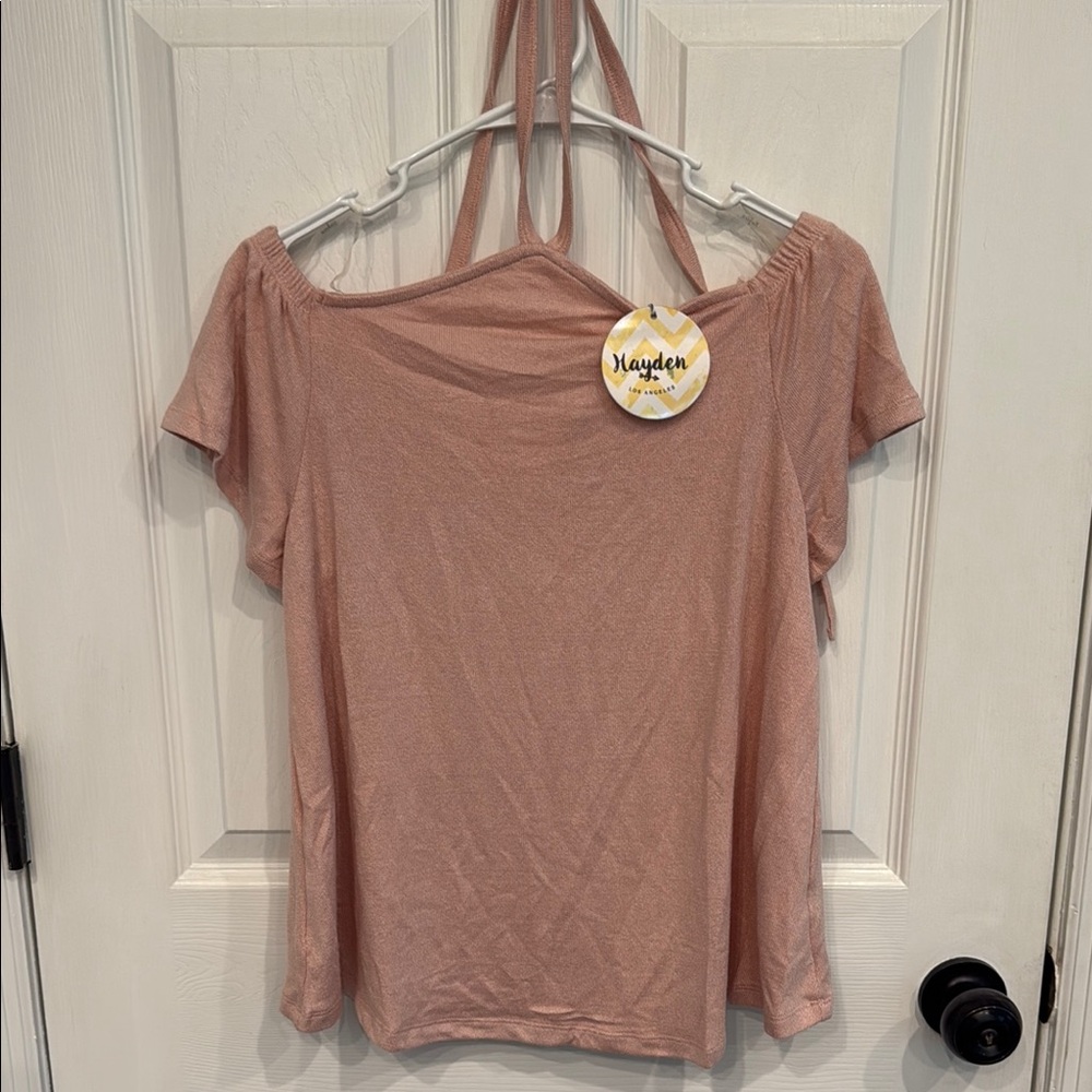 Hayden Pink Relaxed Blouse. Ties Around the Neck with On/Off the Shoulder design